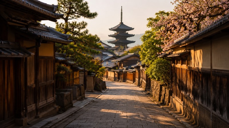 Peaceful Kyoto temple and torii gate