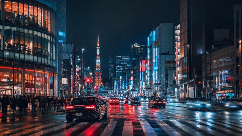 Tokyo city streets lit up at night